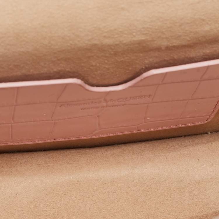 Pre Owned Alexander McQueen Pink Croc Embossed Leather Small Skull Shoulder Bag