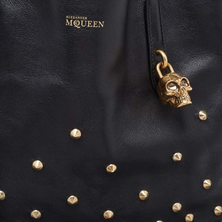 Pre Owned Alexander McQueen Black Studded Leather Padlock Shopper Tote