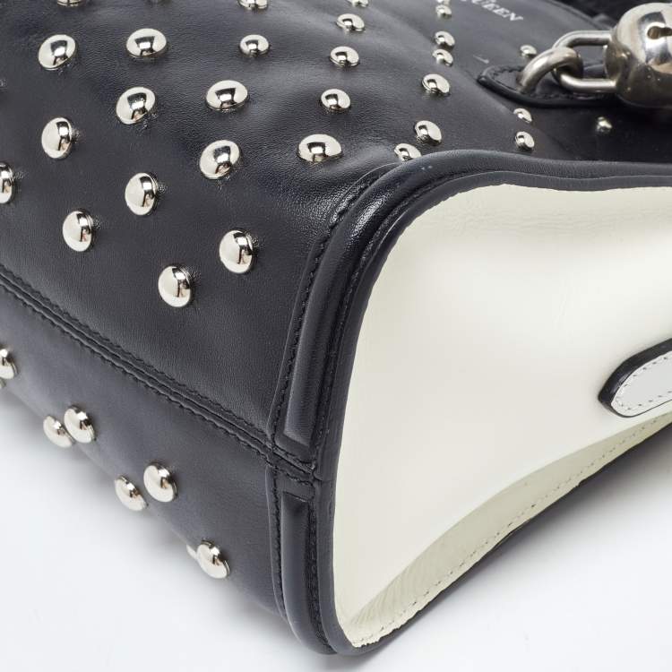 Pre Owned Alexander McQueen Black/White Studded Leather Mini Skull Padlock Zip Tote