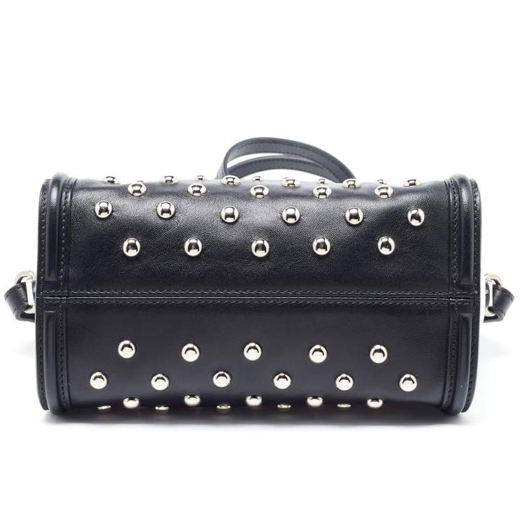 Pre Owned Alexander McQueen Black/White Studded Leather Mini Skull Padlock Zip Tote