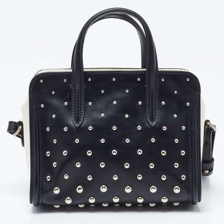 Pre Owned Alexander McQueen Black/White Studded Leather Mini Skull Padlock Zip Tote