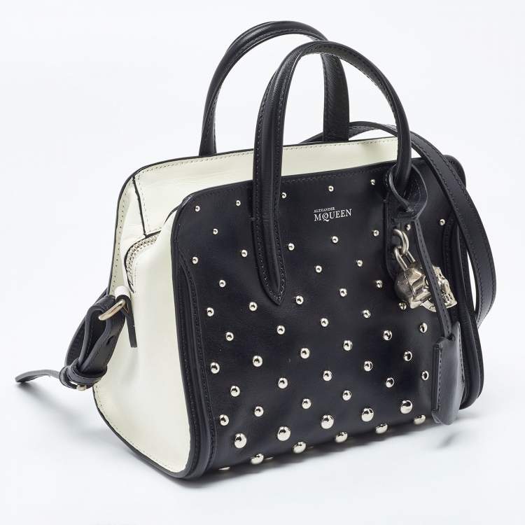 Pre Owned Alexander McQueen Black/White Studded Leather Mini Skull Padlock Zip Tote