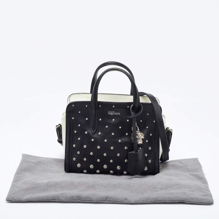 Pre Owned Alexander McQueen Black/White Studded Leather Mini Skull Padlock Zip Tote