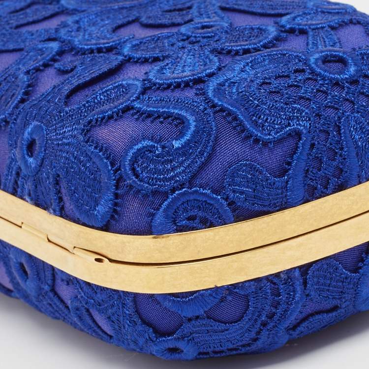 Pre Owned Alexander McQueen Blue Floral Lace Skull Box Clutch
