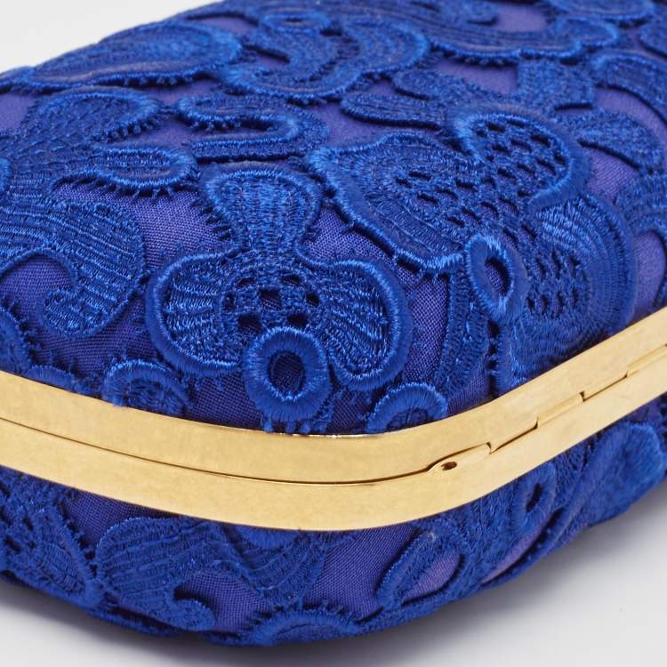 Pre Owned Alexander McQueen Blue Floral Lace Skull Box Clutch