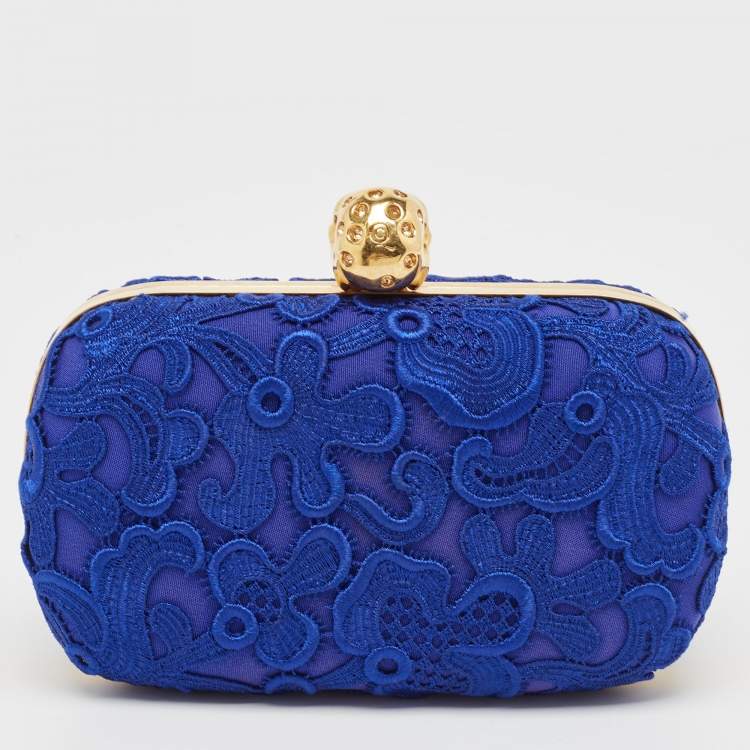 Pre Owned Alexander McQueen Blue Floral Lace Skull Box Clutch