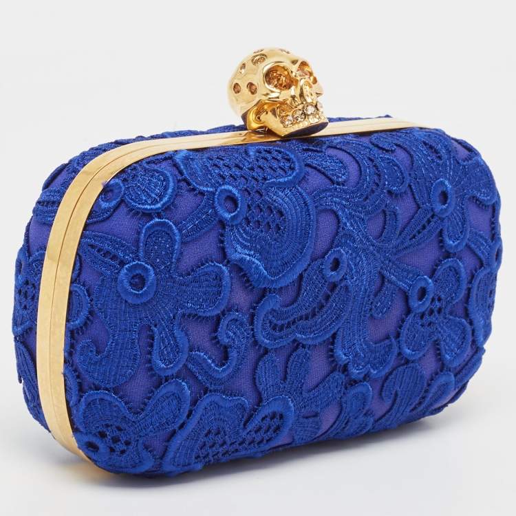 Pre Owned Alexander McQueen Blue Floral Lace Skull Box Clutch