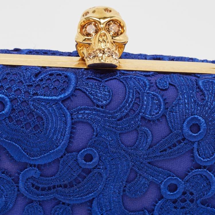 Pre Owned Alexander McQueen Blue Floral Lace Skull Box Clutch