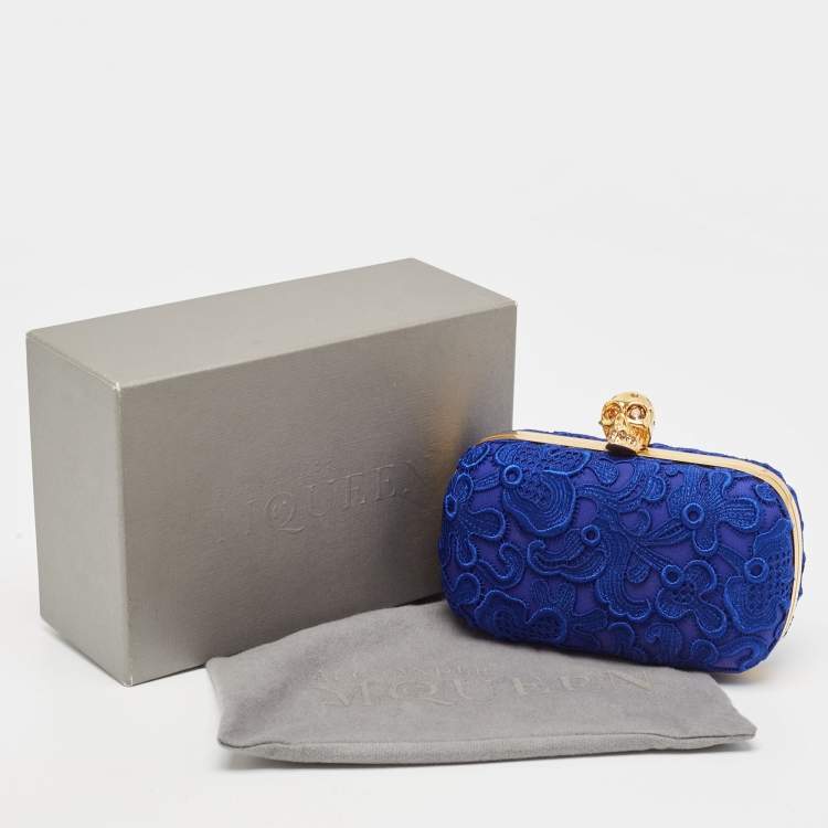 Pre Owned Alexander McQueen Blue Floral Lace Skull Box Clutch