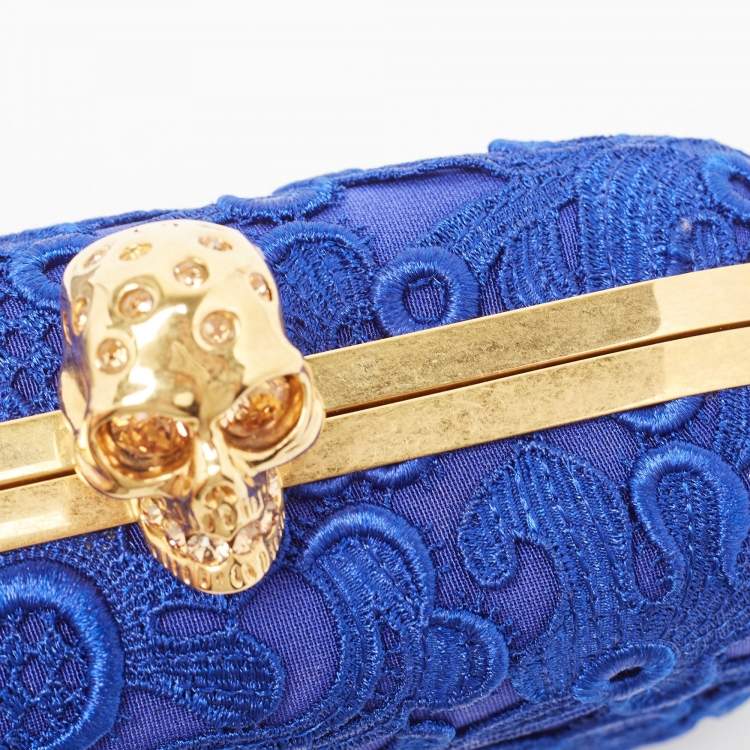 Pre Owned Alexander McQueen Blue Floral Lace Skull Box Clutch