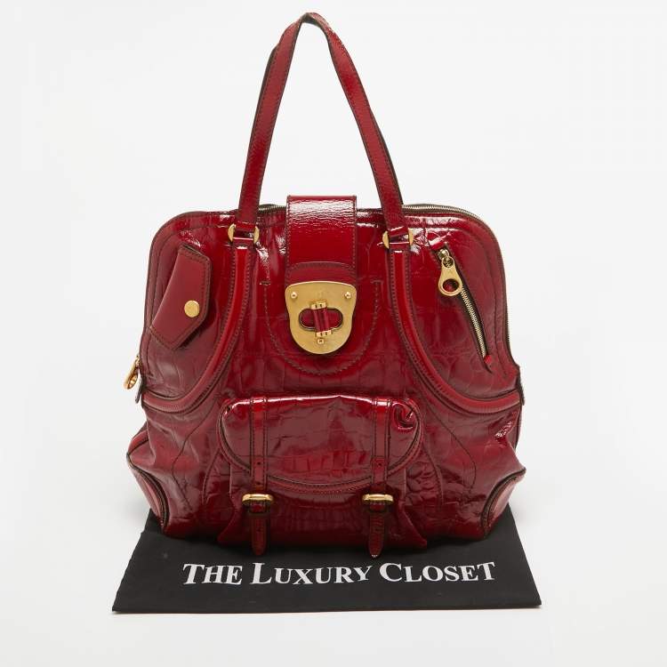 Pre Owned Alexander McQueen Red Croc Embossed Patent Leather Novak Flapper Bag