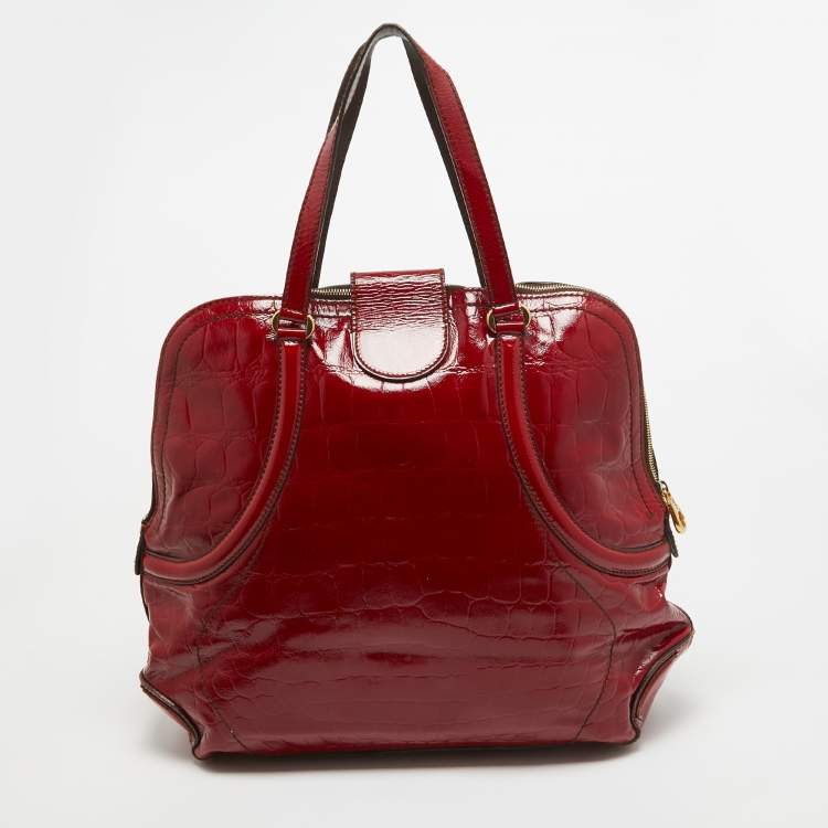 Pre Owned Alexander McQueen Red Croc Embossed Patent Leather Novak Flapper Bag