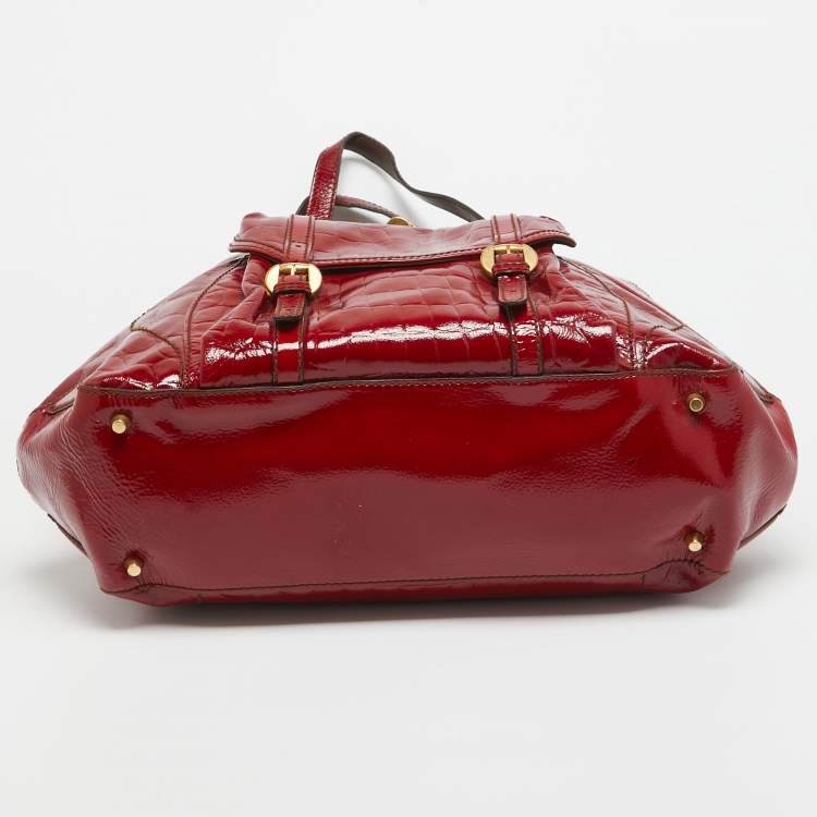 Pre Owned Alexander McQueen Red Croc Embossed Patent Leather Novak Flapper Bag