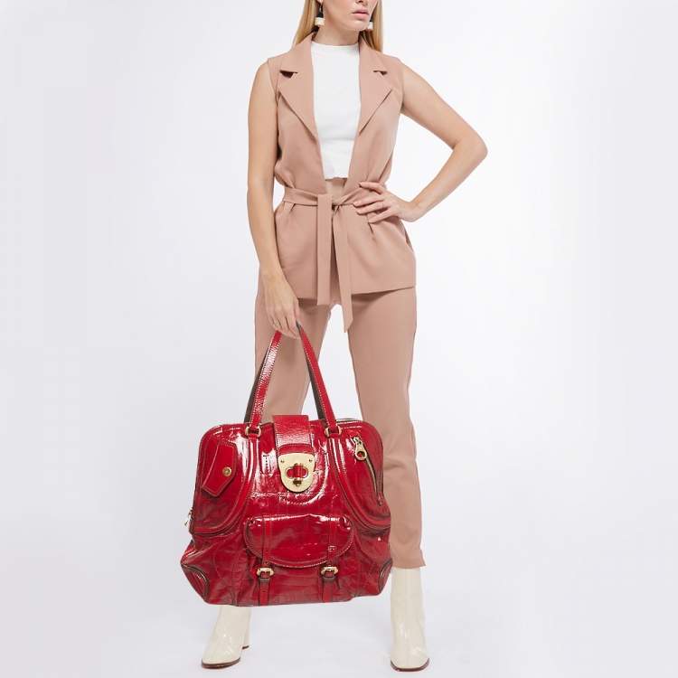 Pre Owned Alexander McQueen Red Croc Embossed Patent Leather Novak Flapper Bag
