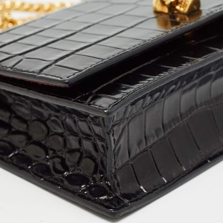 Pre Owned Alexander McQueen Black Croc Embossed Leather Skull Chain Clutch