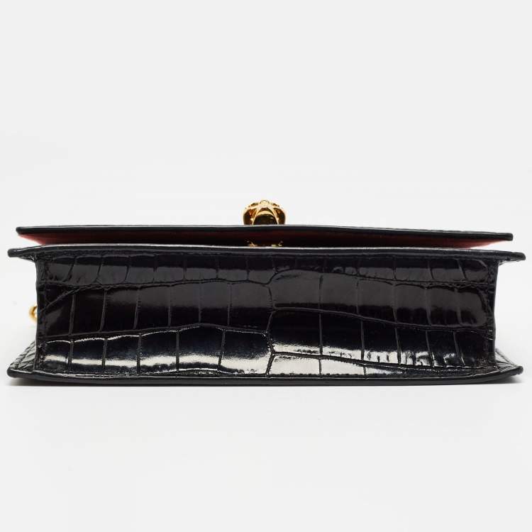 Pre Owned Alexander McQueen Black Croc Embossed Leather Skull Chain Clutch