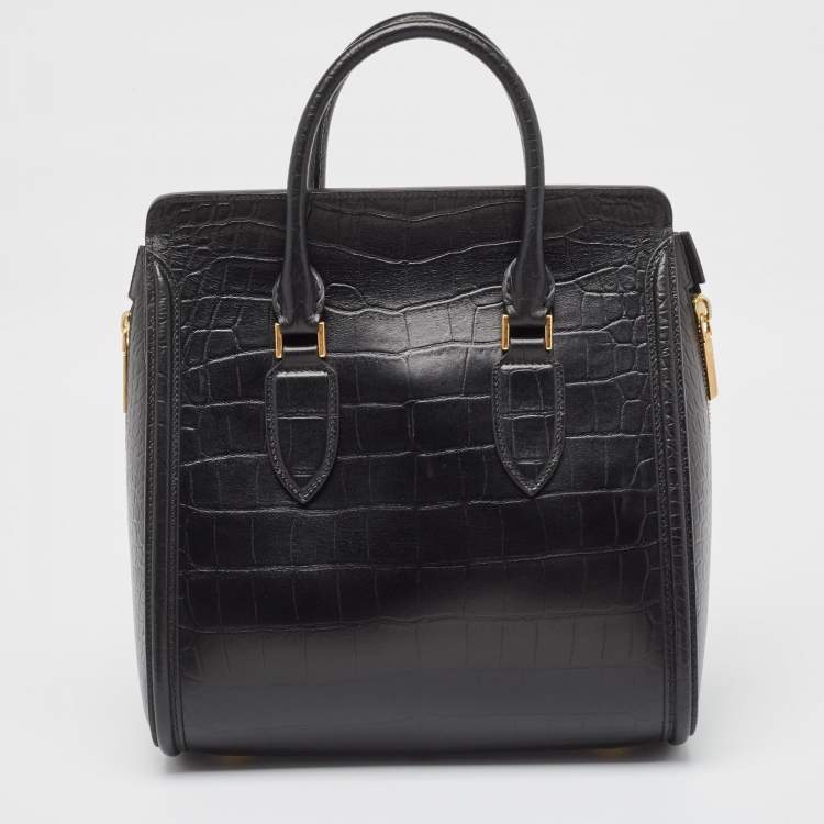 Pre Owned Alexander McQueen Black Croc Embossed Leather Heroine Bag