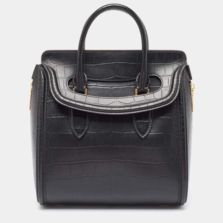 Pre Owned Alexander McQueen Black Croc Embossed Leather Heroine Bag