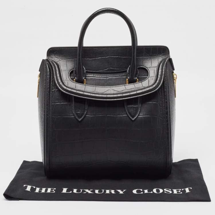 Pre Owned Alexander McQueen Black Croc Embossed Leather Heroine Bag