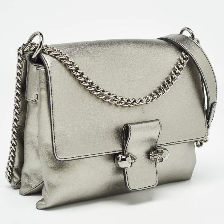 Pre Owned Alexander McQueen Metallic Leather Twin Skull Shoulder Bag
