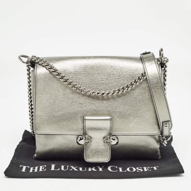 Pre Owned Alexander McQueen Metallic Leather Twin Skull Shoulder Bag