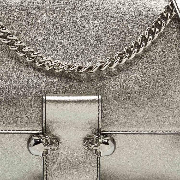 Pre Owned Alexander McQueen Metallic Leather Twin Skull Shoulder Bag