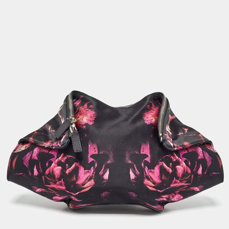 Pre Owned Alexander McQueen Black/Magenta Floral Print Satin De Manta Clutch