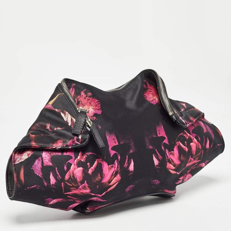Pre Owned Alexander McQueen Black/Magenta Floral Print Satin De Manta Clutch