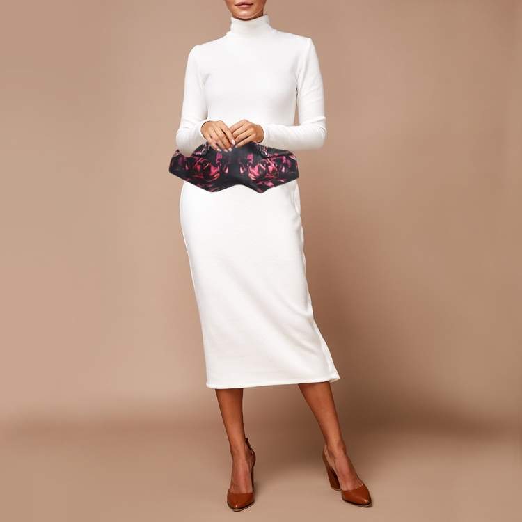 Pre Owned Alexander McQueen Black/Magenta Floral Print Satin De Manta Clutch