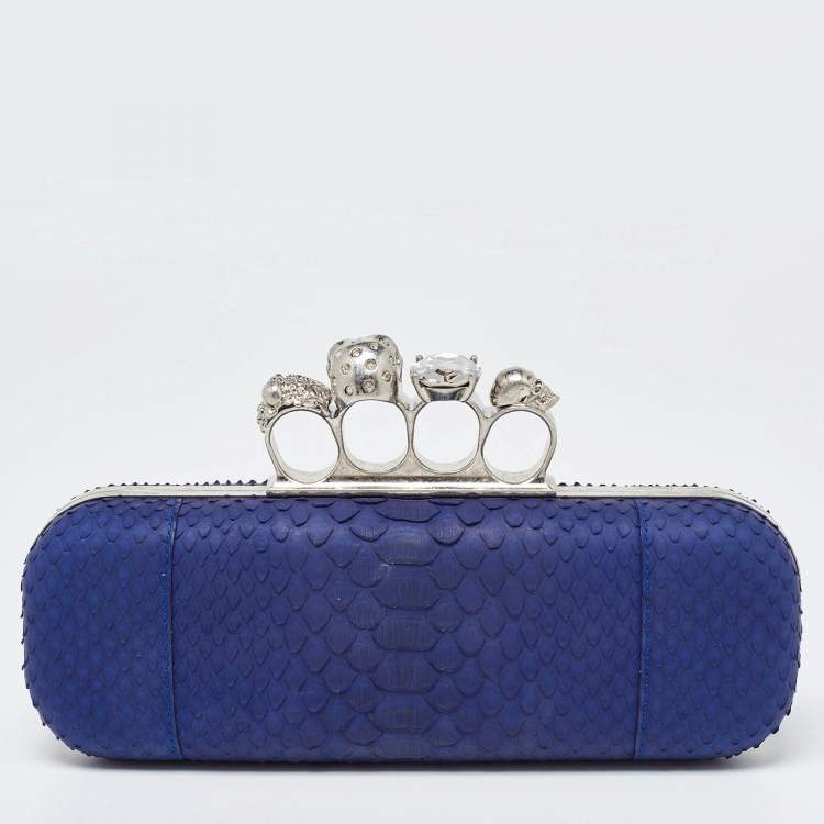Pre Owned Alexander McQueen Blue Python Skull Knuckle Box Clutch