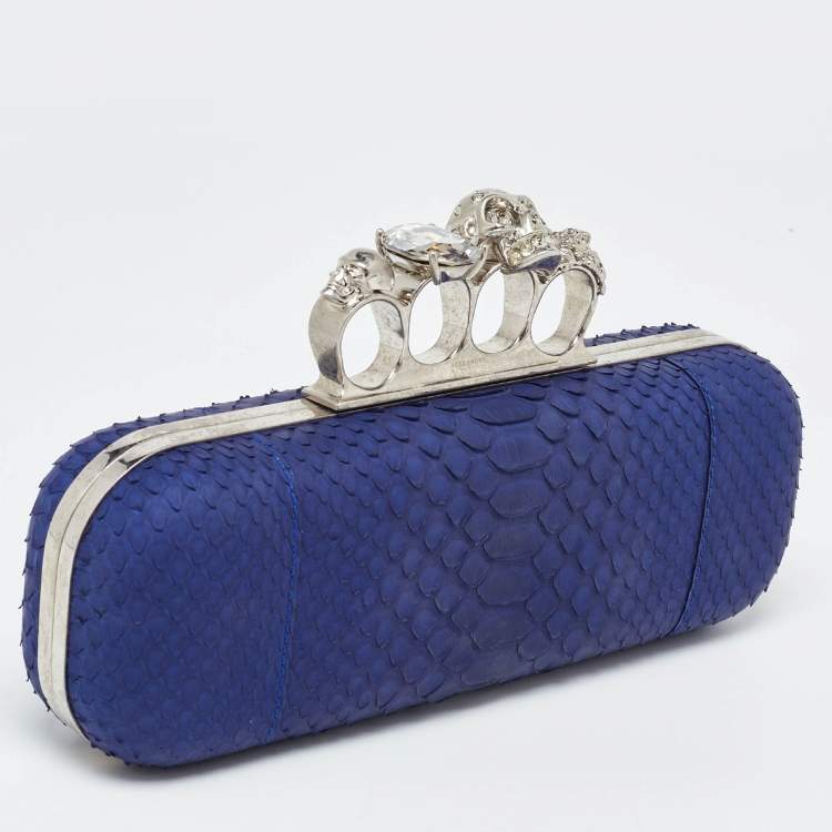Pre Owned Alexander McQueen Blue Python Skull Knuckle Box Clutch