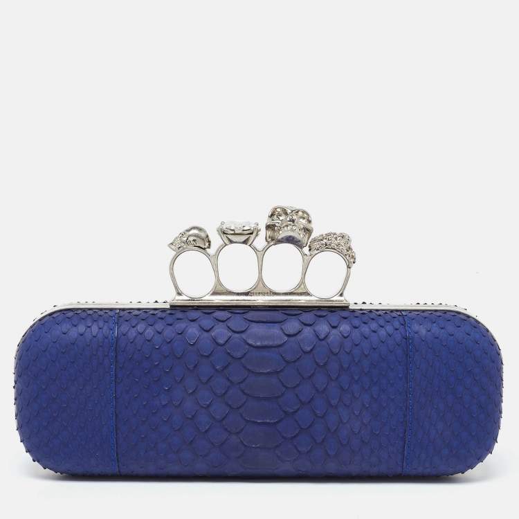 Pre Owned Alexander McQueen Blue Python Skull Knuckle Box Clutch