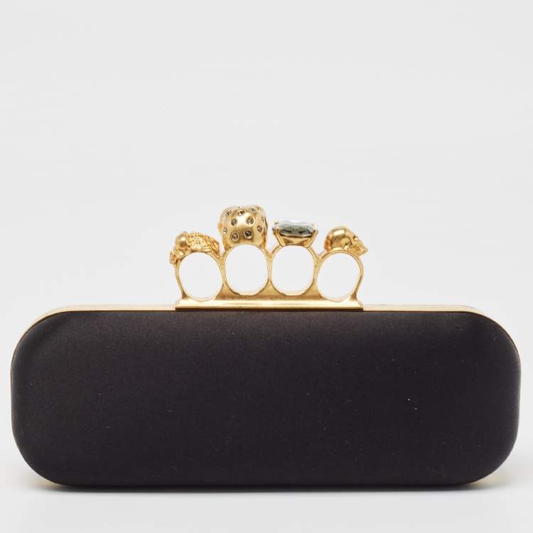 Pre Owned Alexander McQueen Black Satin Skull Knuckle Box Clutch