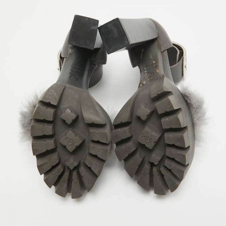 Pre Owned Alexander McQueen Dark Grey Leather and Fur Ankle Strap Sandals Size 37