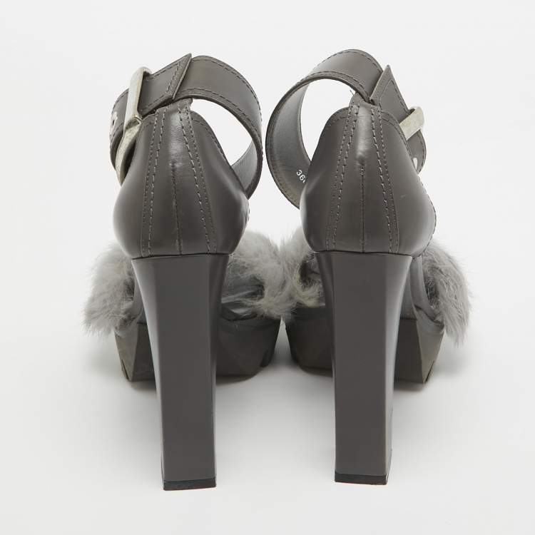 Pre Owned Alexander McQueen Dark Grey Leather and Fur Ankle Strap Sandals Size 37