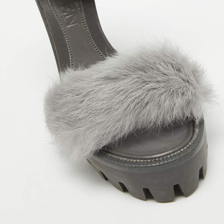Pre Owned Alexander McQueen Dark Grey Leather and Fur Ankle Strap Sandals Size 37