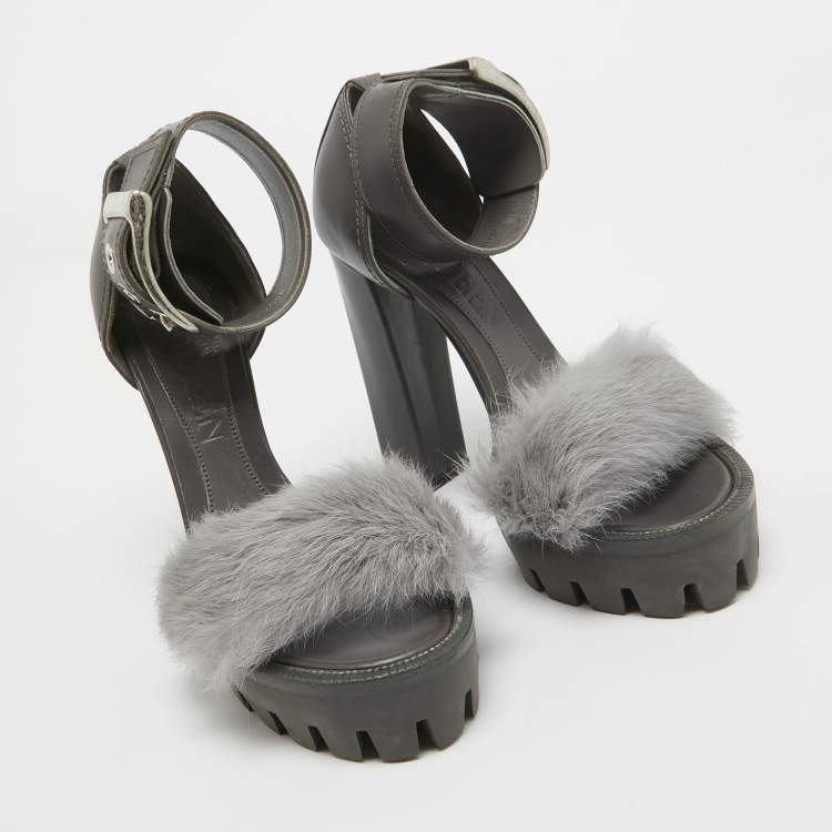 Pre Owned Alexander McQueen Dark Grey Leather and Fur Ankle Strap Sandals Size 37