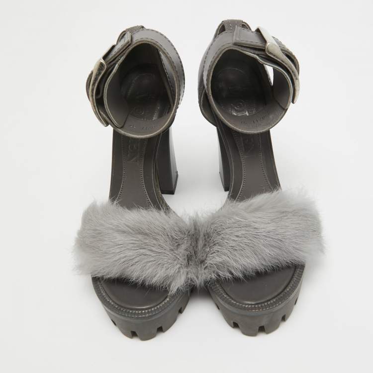 Pre Owned Alexander McQueen Dark Grey Leather and Fur Ankle Strap Sandals Size 37