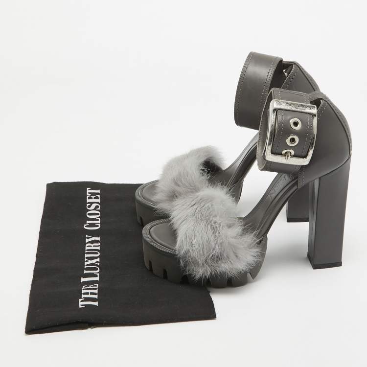 Pre Owned Alexander McQueen Dark Grey Leather and Fur Ankle Strap Sandals Size 37