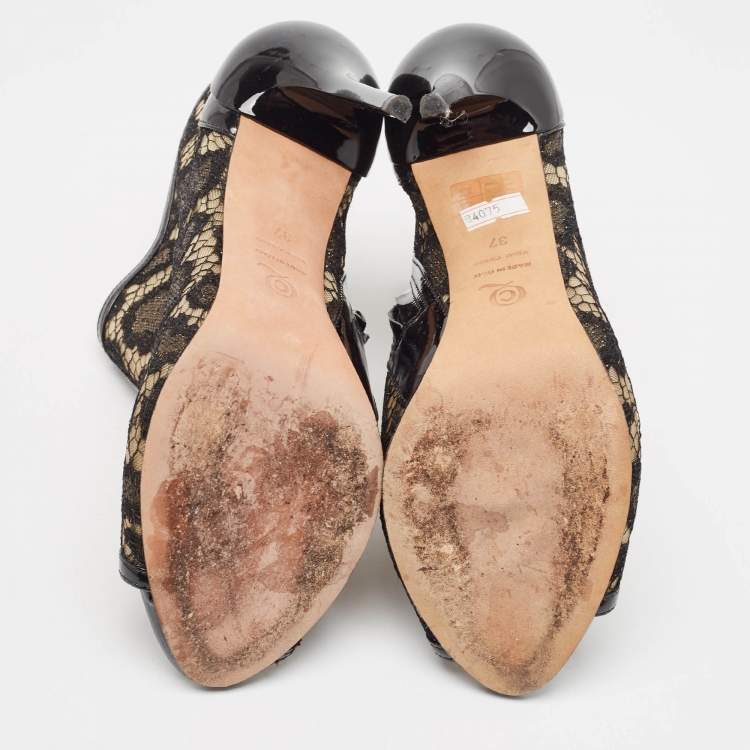 Pre Owned Alexander McQueen Black Lace and Patent Open Toe Ankle Booties Size 37