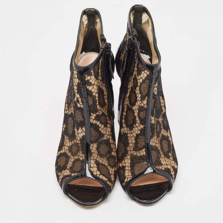 Pre Owned Alexander McQueen Black Lace and Patent Open Toe Ankle Booties Size 37