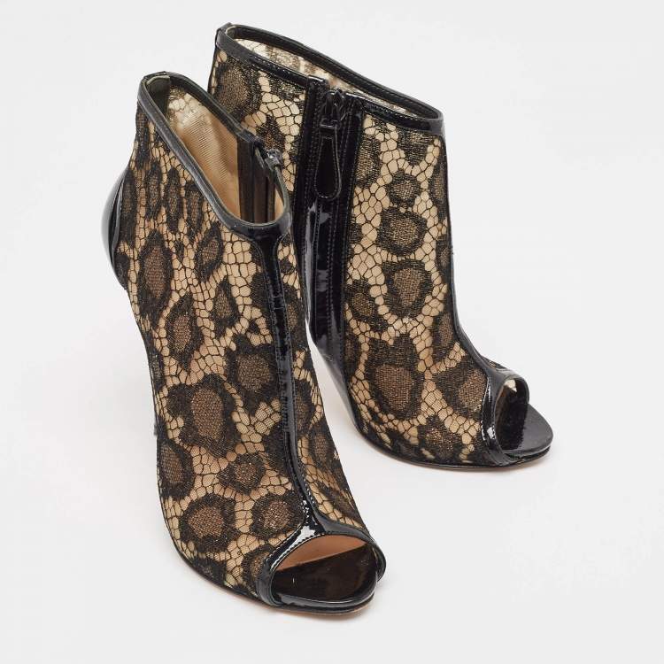Pre Owned Alexander McQueen Black Lace and Patent Open Toe Ankle Booties Size 37