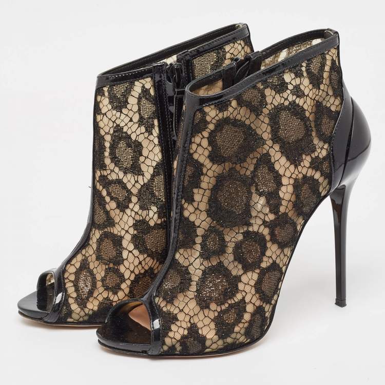 Pre Owned Alexander McQueen Black Lace and Patent Open Toe Ankle Booties Size 37