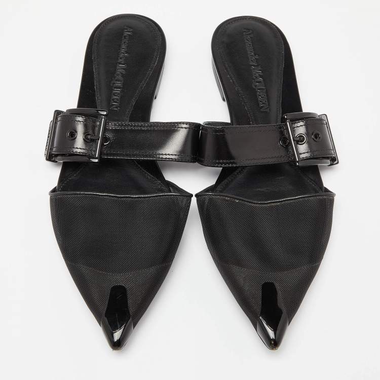 Pre Owned Alexander McQueen Black Mesh and Leather Punk Flat Mules Size 40