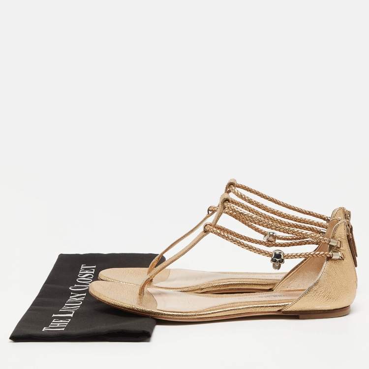 Pre Owned Alexander McQueen Gold Braided Leather Skull Detail Thong Flat Sandals Size 41