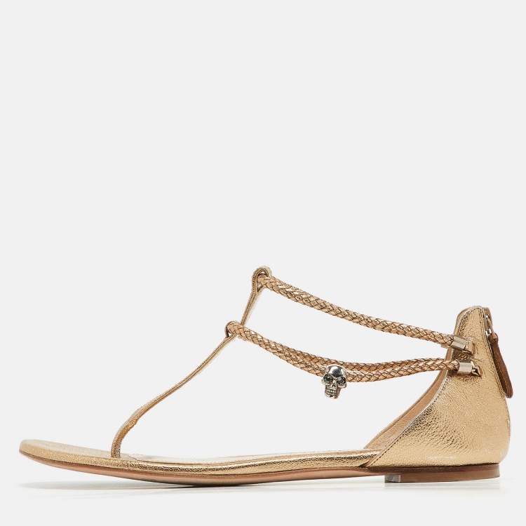 Pre Owned Alexander McQueen Gold Braided Leather Skull Detail Thong Flat Sandals Size 41