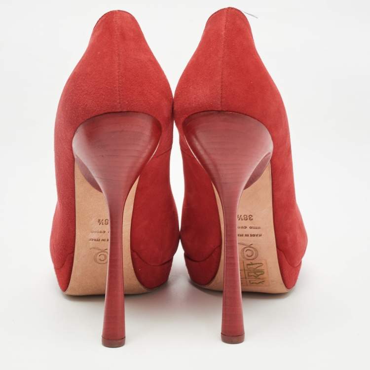 Pre Owned Alexander McQueen Red Suede Peep Toe Platform Pumps Size 38.5