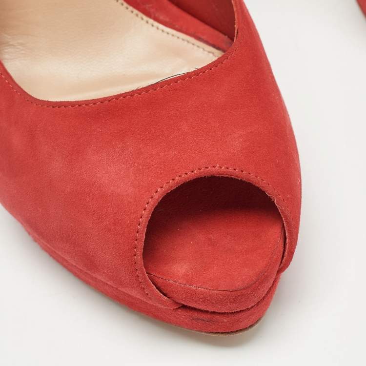 Pre Owned Alexander McQueen Red Suede Peep Toe Platform Pumps Size 38.5