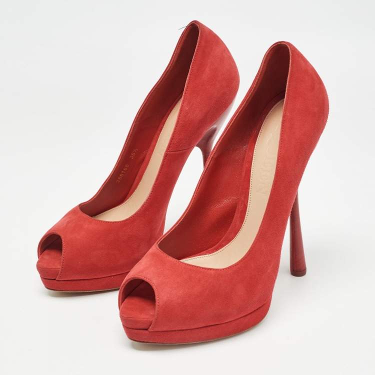 Pre Owned Alexander McQueen Red Suede Peep Toe Platform Pumps Size 38.5