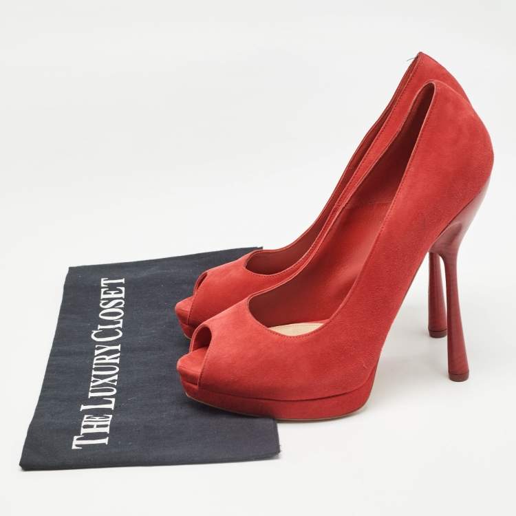 Pre Owned Alexander McQueen Red Suede Peep Toe Platform Pumps Size 38.5